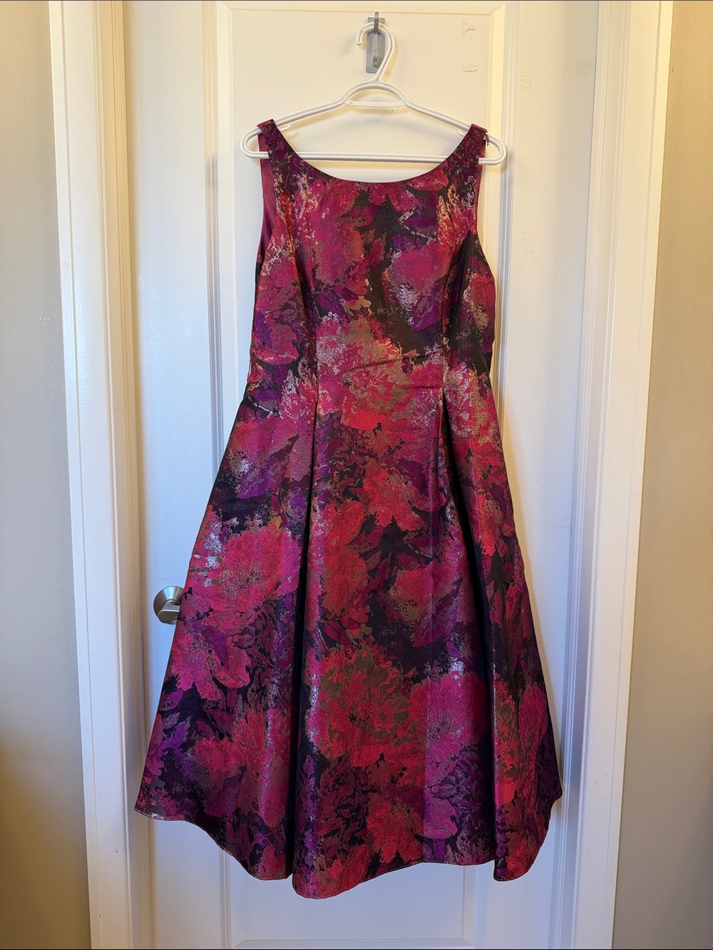 Adrianna Papell Fuchsia and Black Floral Fit-and-Flare Cocktail Dress